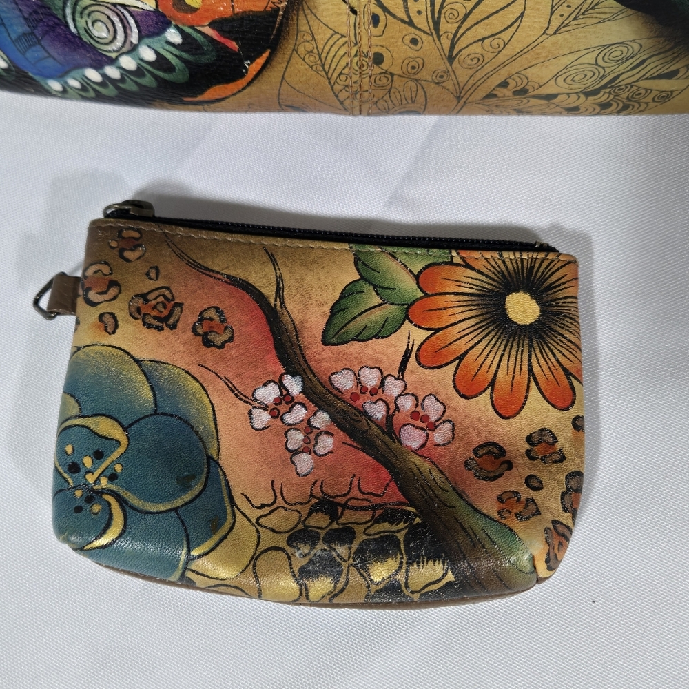 Anuschka Butterfly Floral Leather Handpainted Shoulder Handbag Coin Purse, Cover - Picture 3 of 15